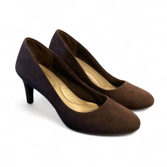 Deflex Comfort Brown Faux Suede Heels Pumps Size 7 Stylish‎ Comfortable Classic - Picture 1 of 9